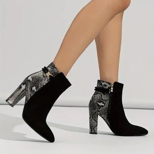 Elegant Black and Snake Print Ankle Boots